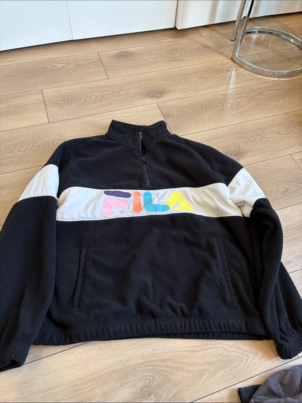 Fila Black Zip-Up Fleece with White Stripe and Multicolor Logo